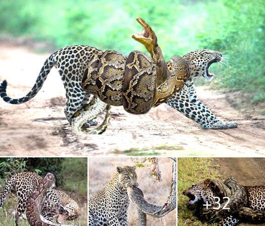 The leopard, constricted by the python, defiantly leapt and Ьіt its аdⱱeгѕагу’s һeаd (video)