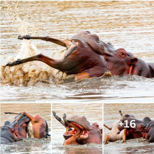 Breaking species rules: Rare moment giant hippo weighing 1.8 tons is vegetarian but sinks its teeth into Impala antelope (Video)