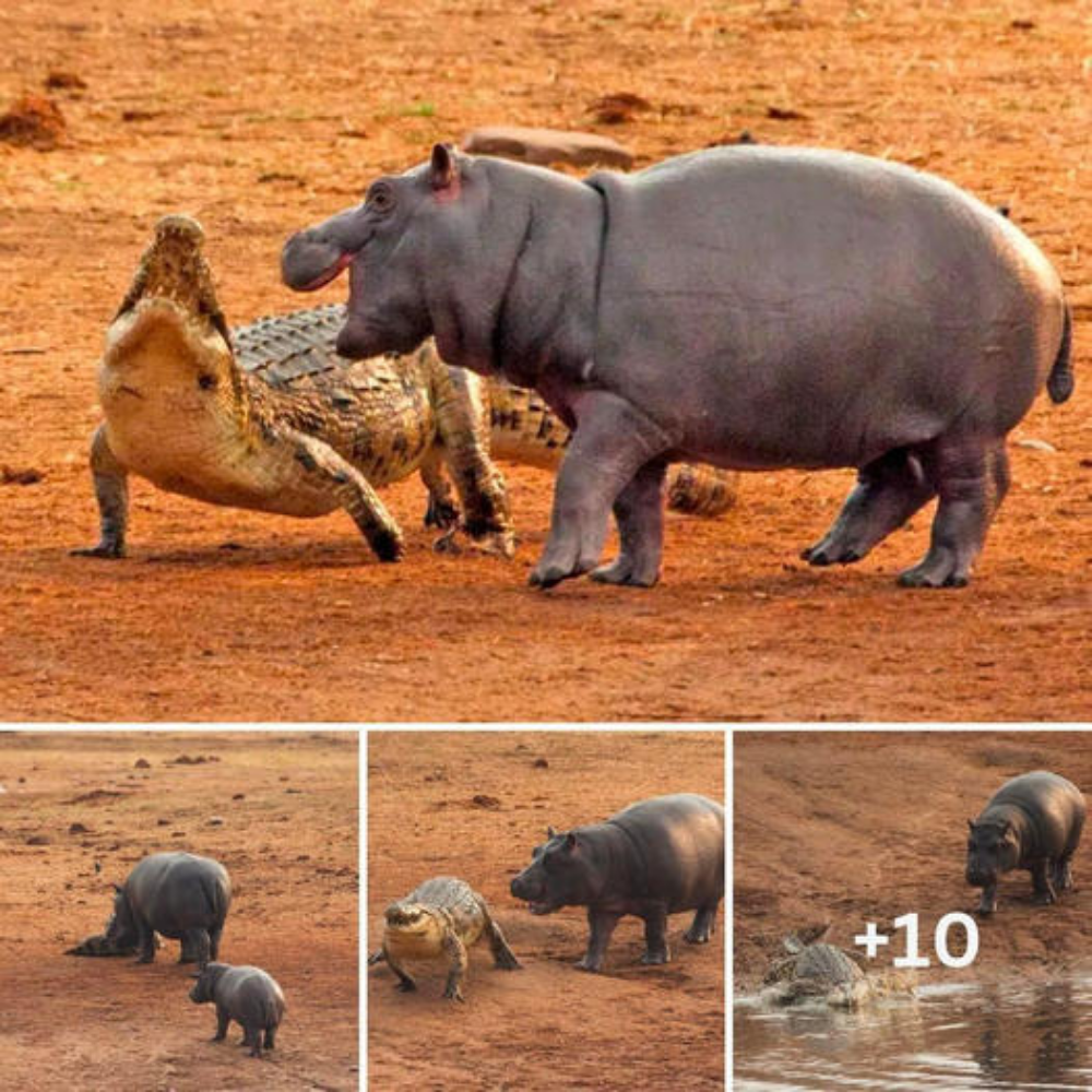 Stay away from it, baby! Mother hippo had a heart attack when her baby thought the giant crocodile was a stuffed animal and played with it
